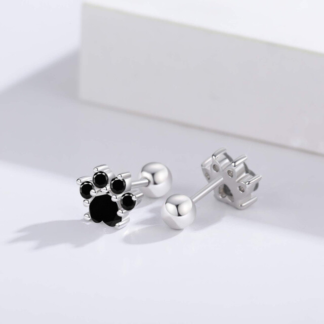 Sterling Silver Round Zircon Paw Stud Earrings-4