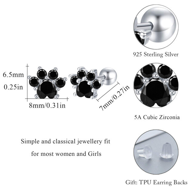 Sterling Silver Round Zircon Paw Stud Earrings-3