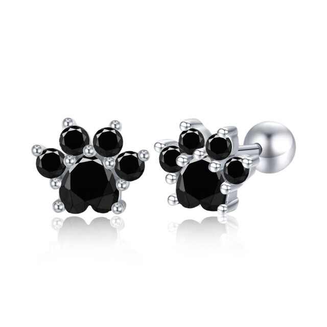 Sterling Silver Round Zircon Paw Stud Earrings-0