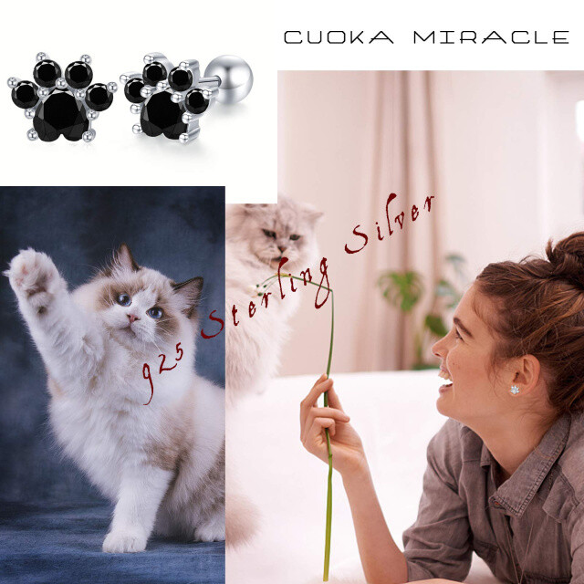 Boucles d'oreilles Paw en argent sterling avec zircon rond-5