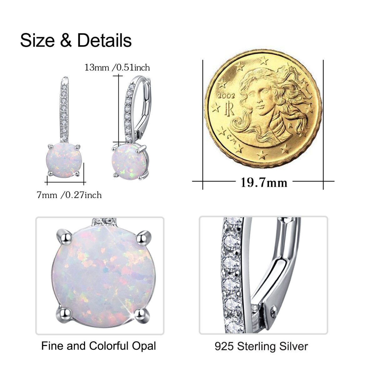 Sterling Silver Opal Round Lever-back Earrings-6
