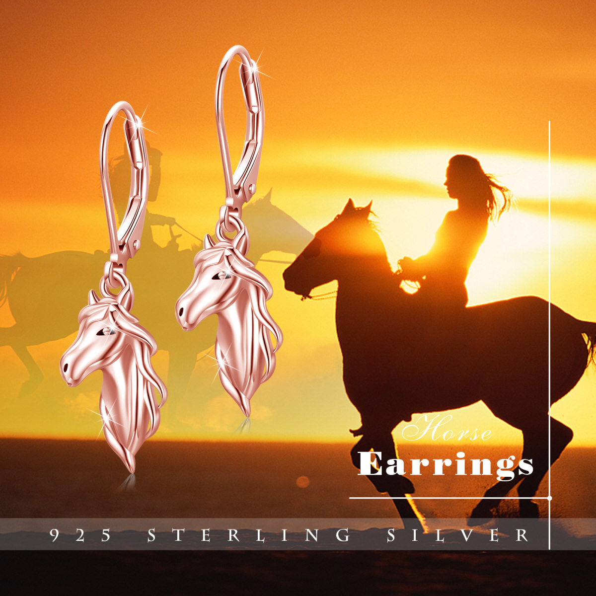 Sterling Silver with Rose Gold Plated Horse Lever-back Earrings-5