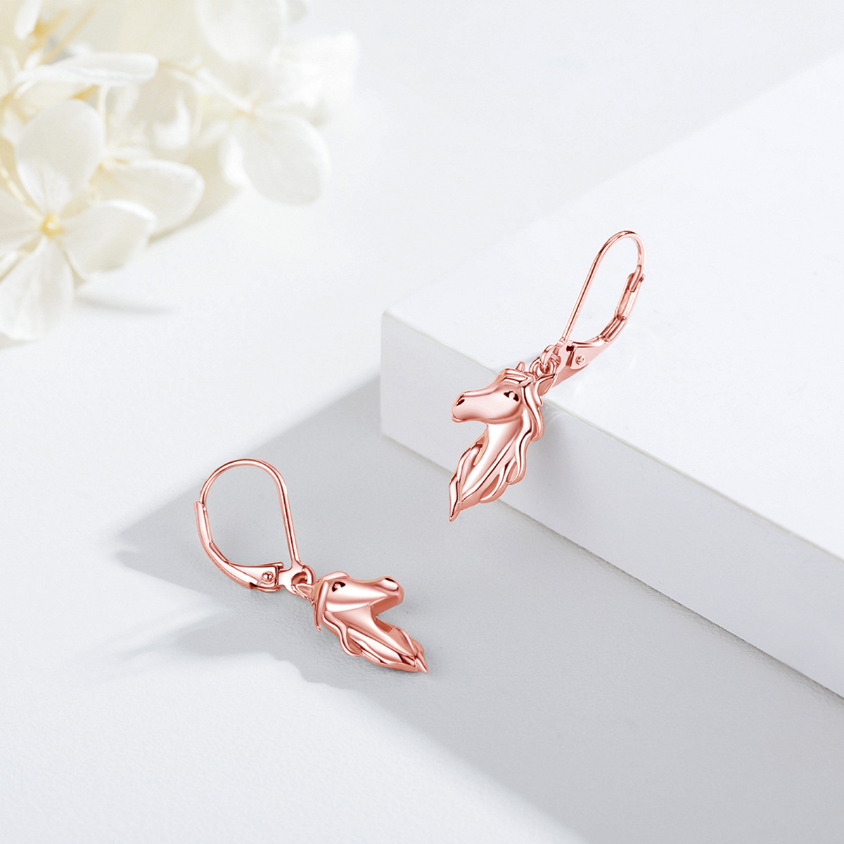 Sterling Silver with Rose Gold Plated Horse Lever-back Earrings-3