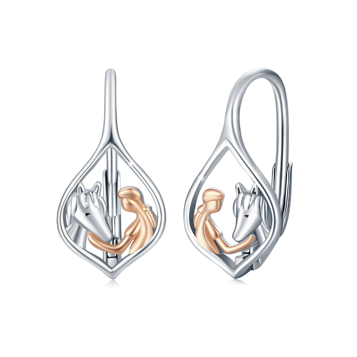 Sterling Silver Two-tone Girl & Horse Marquise Lever-back Earrings-1
