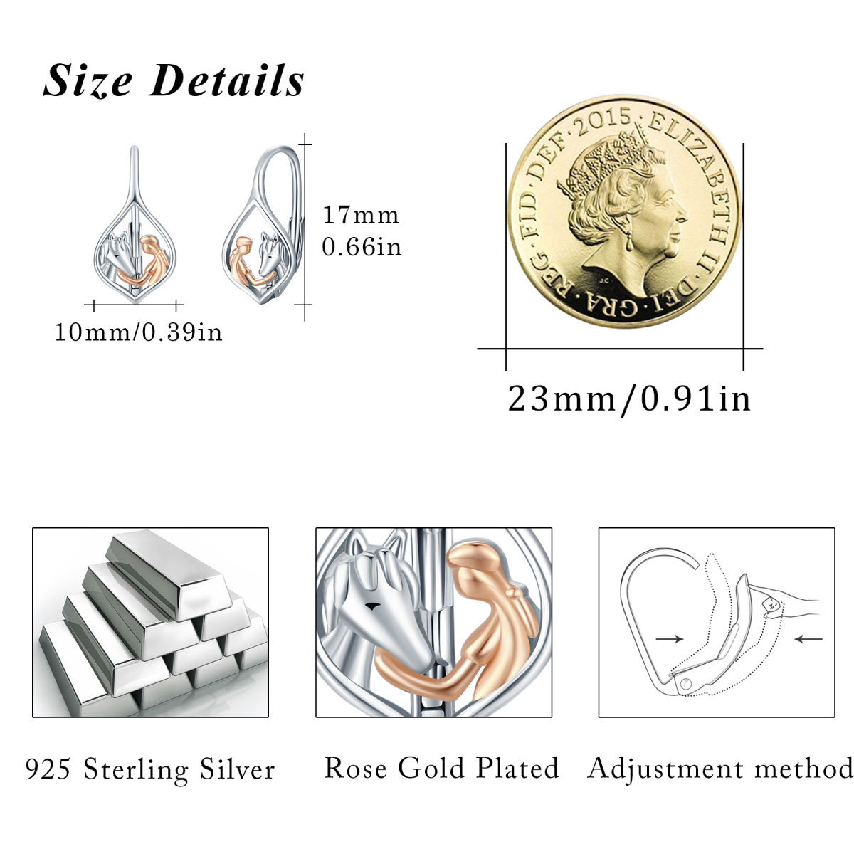 Zweifarbige Sterling Silber Mädchen & Pferd Marquise Ohrringe mit Hebelverschluss-6