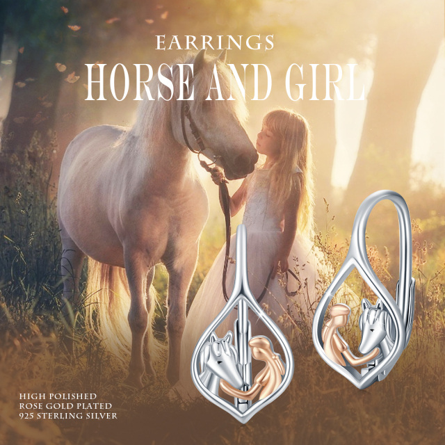 Sterling Silver Two-tone Girl & Horse Marquise Lever-back Earrings-4