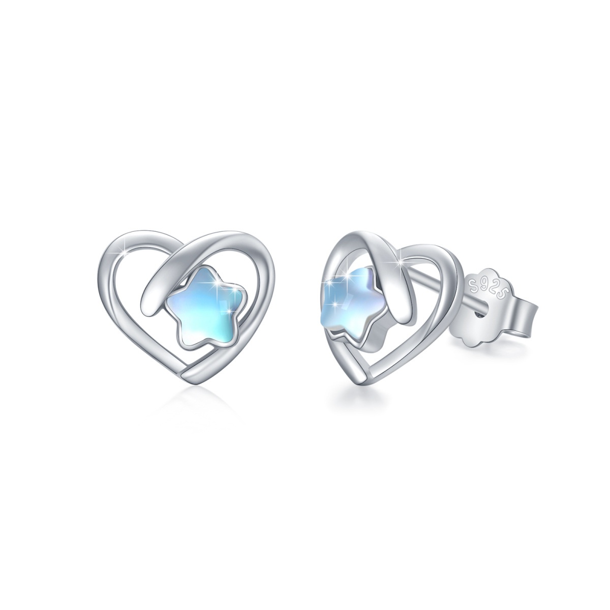 Sterling Silver Moonstone Heart Stud Earrings-1