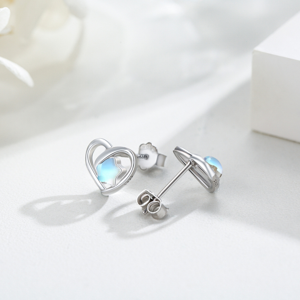 Sterling Silver Moonstone Heart Stud Earrings-5