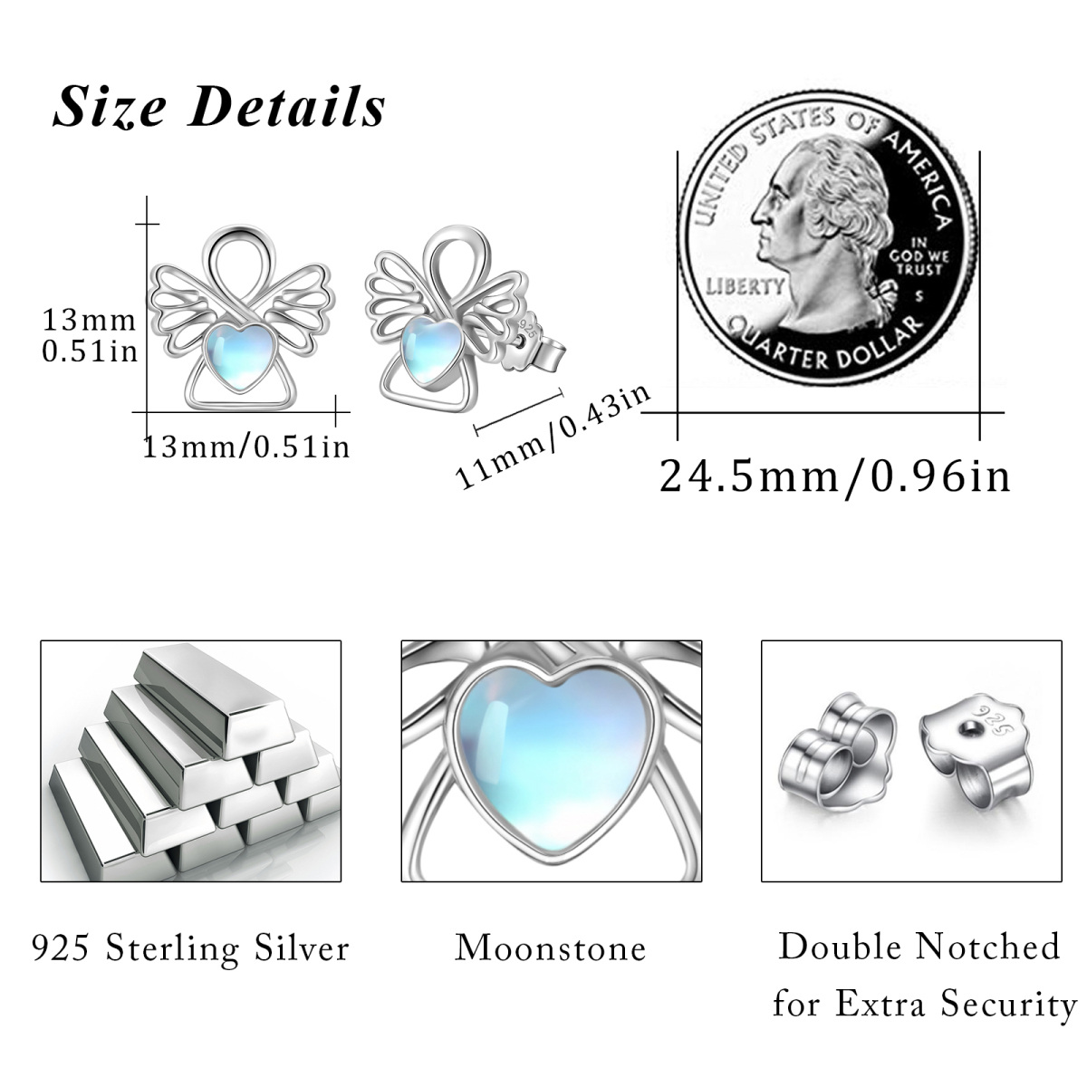 Sterling Silver Moonstone Angel Wing Stud Earrings-6