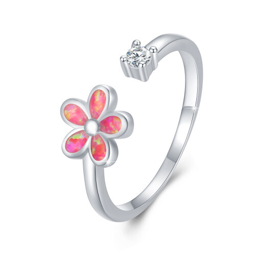 Anello aperto con fiori di campo e opale in argento sterling con zirconi cubici