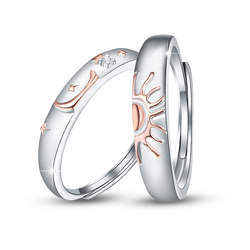 Sterling Silver Two-tone Zircon Moon & Sun Couple Rings