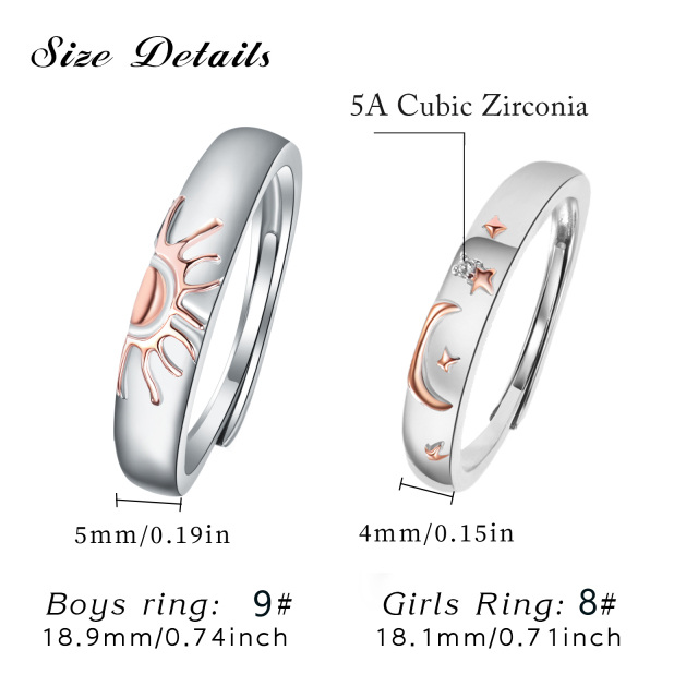 Sterling Silver Two-tone Zircon Moon & Sun Couple Rings-4