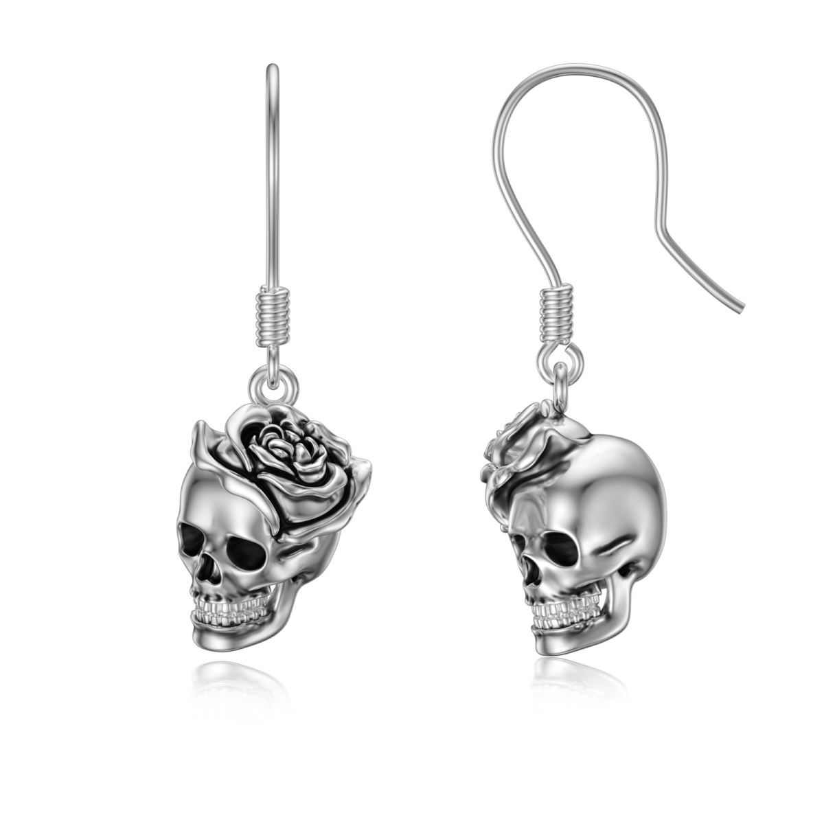 Pendientes colgantes con calavera y rosa de plata de ley-1