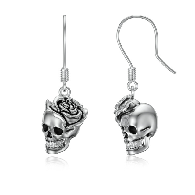 Sterling Silver Rose & Skull Drop Earrings-0