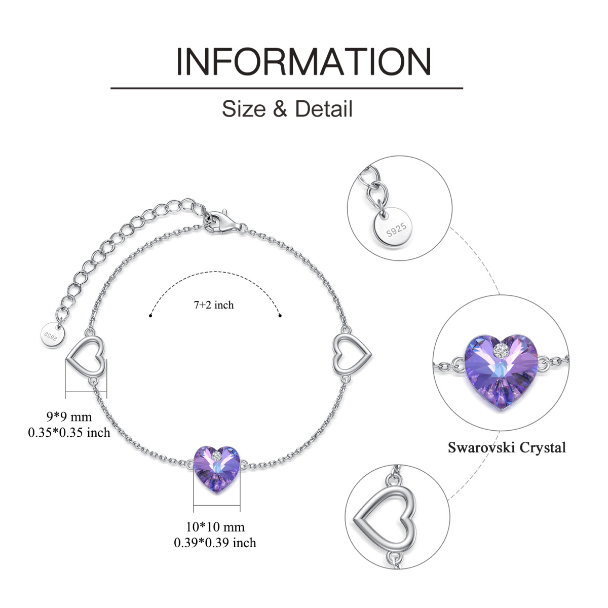 Sterling Silber Herz geformt Kristall Geburtsstein Anhänger Armband-5