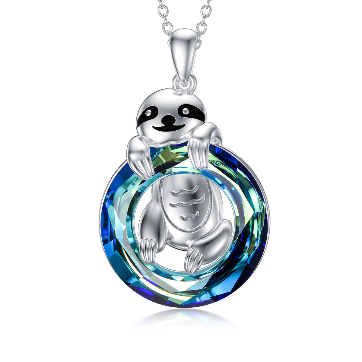Sterling Silver Sloth Crystal Pendant Necklace-1