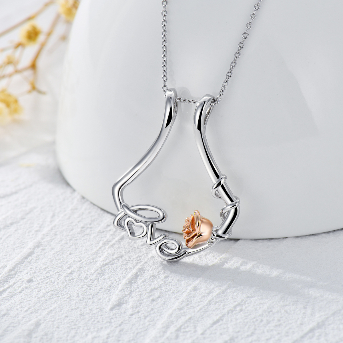 Sterling Silver Two-tone Rose & Ring Holder Pendant Necklace with Engraved Word-3