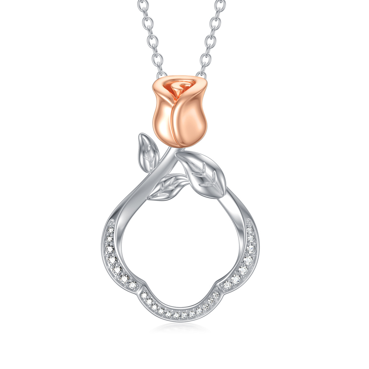Sterling Silver Two-tone Circular Shaped Cubic Zirconia Rose & Ring Holder Pendant Necklace-1