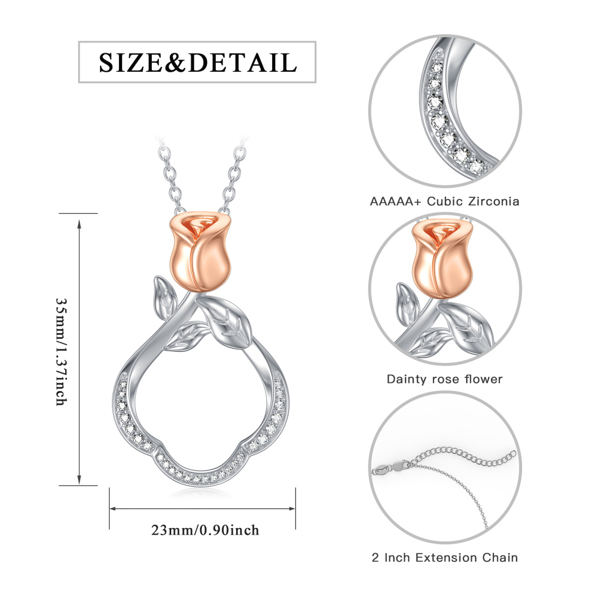 Plata de ley de dos tonos en forma circular Cubic Zirconia Rose & Ring Holder Collar Colga-5