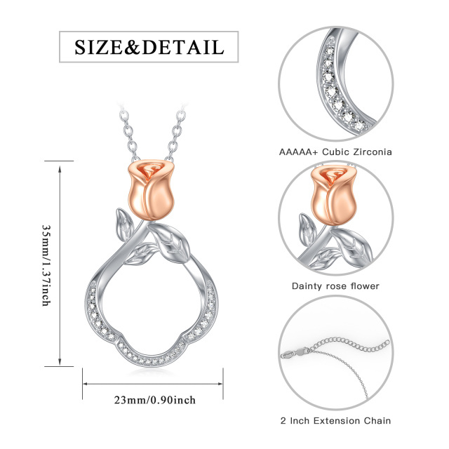 Sterling Silver Two-tone Circular Shaped Cubic Zirconia Rose & Ring Holder Pendant Necklace-4