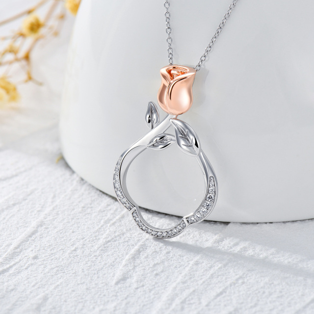 Sterling Silver Two-tone Circular Shaped Cubic Zirconia Rose & Ring Holder Pendant Necklace-2