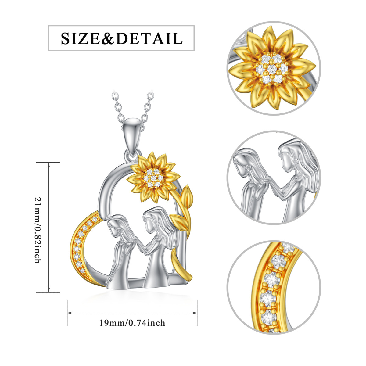 Sterling Silver Two-tone Circular Shaped Cubic Zirconia Sunflower & Sisters & Heart Pendant Necklace-6
