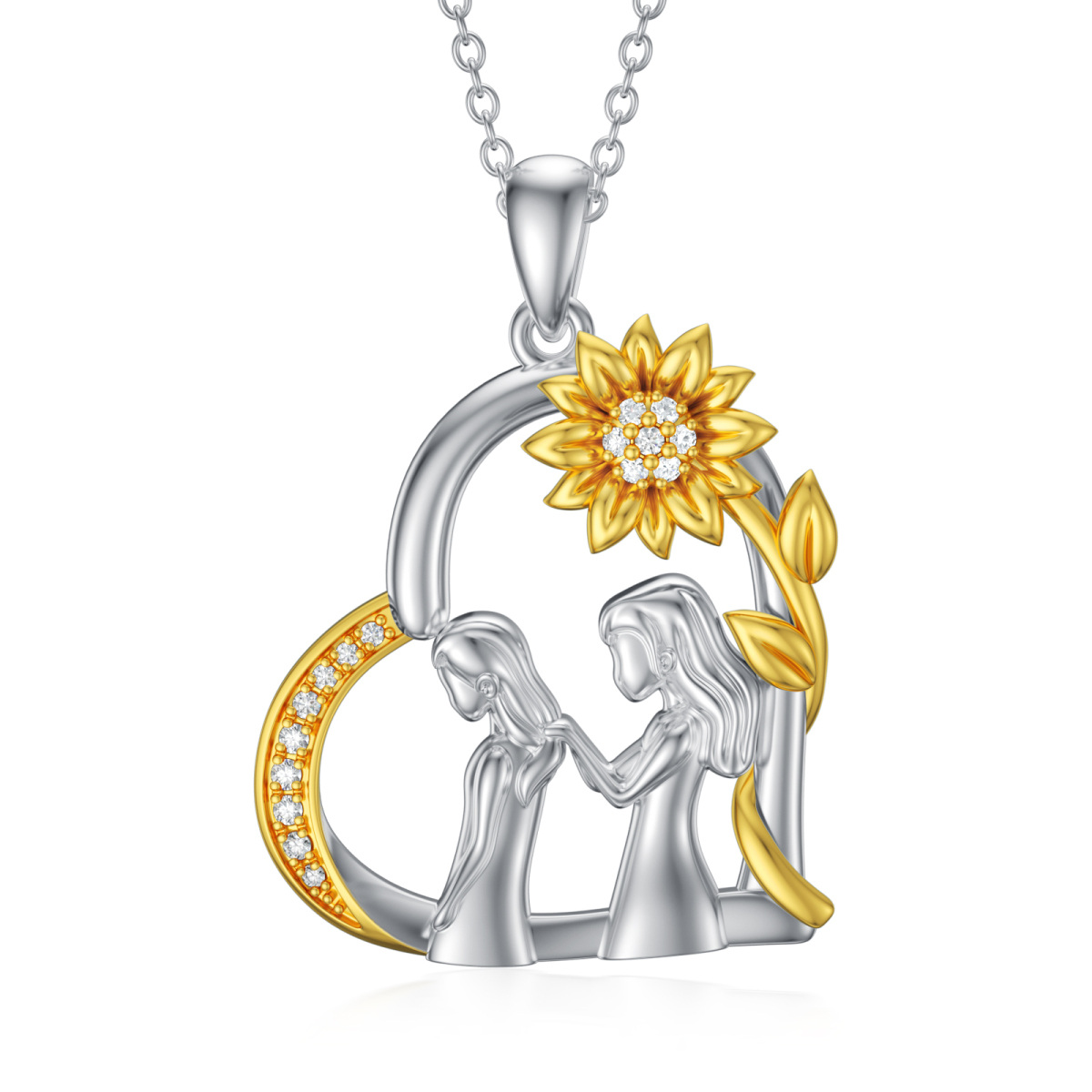 Sterling Silver Two-tone Circular Shaped Cubic Zirconia Sunflower & Sisters & Heart Pendant Necklace-1