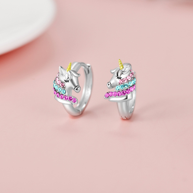 Sterling Silver Two-tone Circular Shaped Crystal Unicorn Hoop Earrings-2