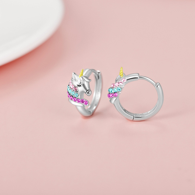 Sterling Silver Two-tone Circular Shaped Crystal Unicorn Hoop Earrings-3