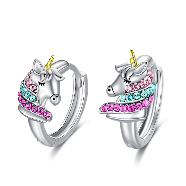 Sterling Silver Two-tone Circular Shaped Crystal Unicorn Hoop Earrings-1