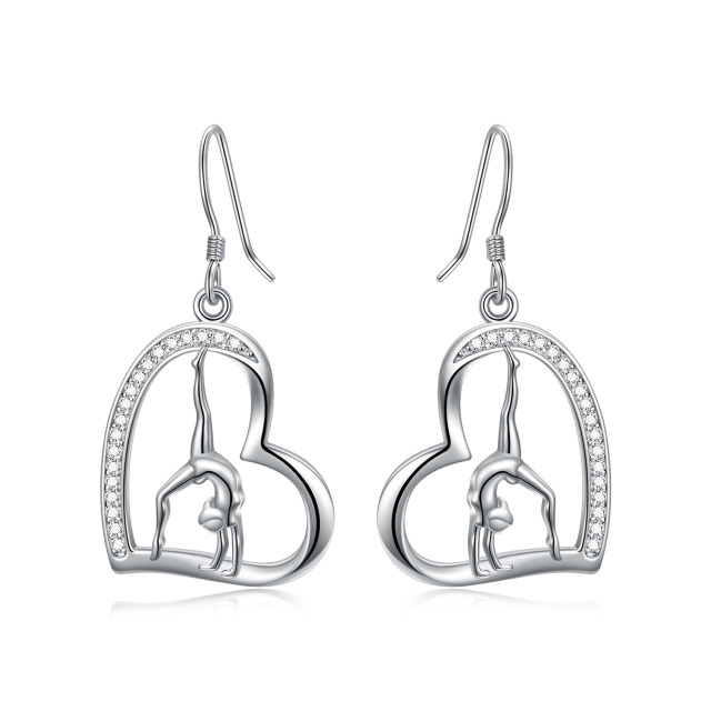 Sterling Silver Circular Shaped Cubic Zirconia Gymnastics & Heart Drop Earrings-1