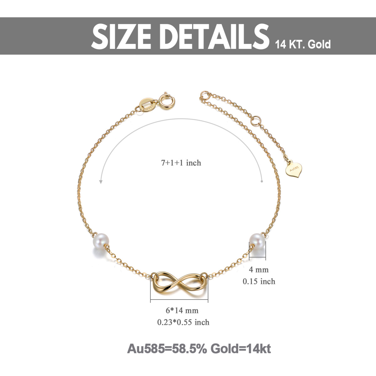 14K Gold Circular Shaped Pearl Infinite Symbol Pendant Bracelet-6