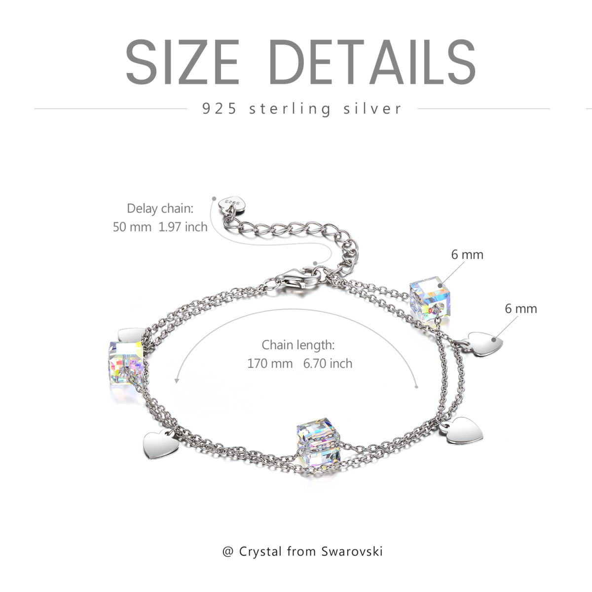 Sterling Silver Crystal Heart & Square Multi-layered Anklet-6