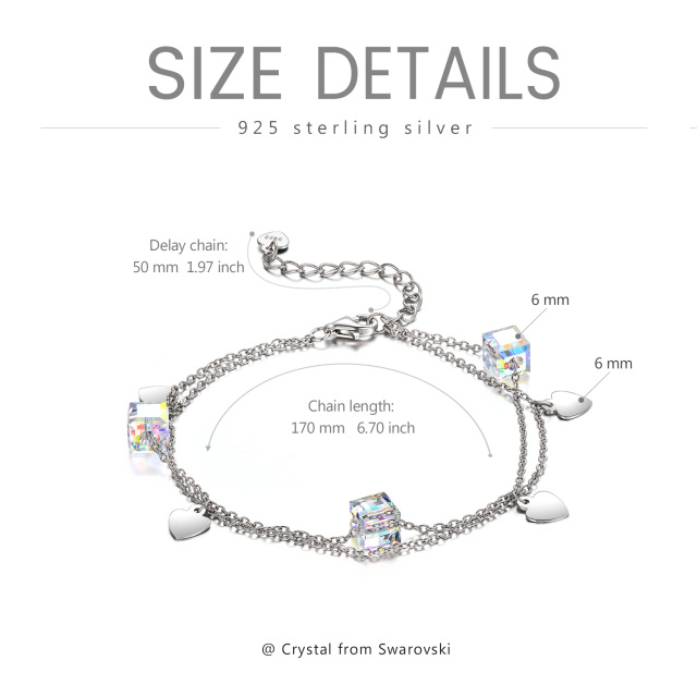 Sterling Silver Crystal Heart & Square Multi-layered Anklet-5