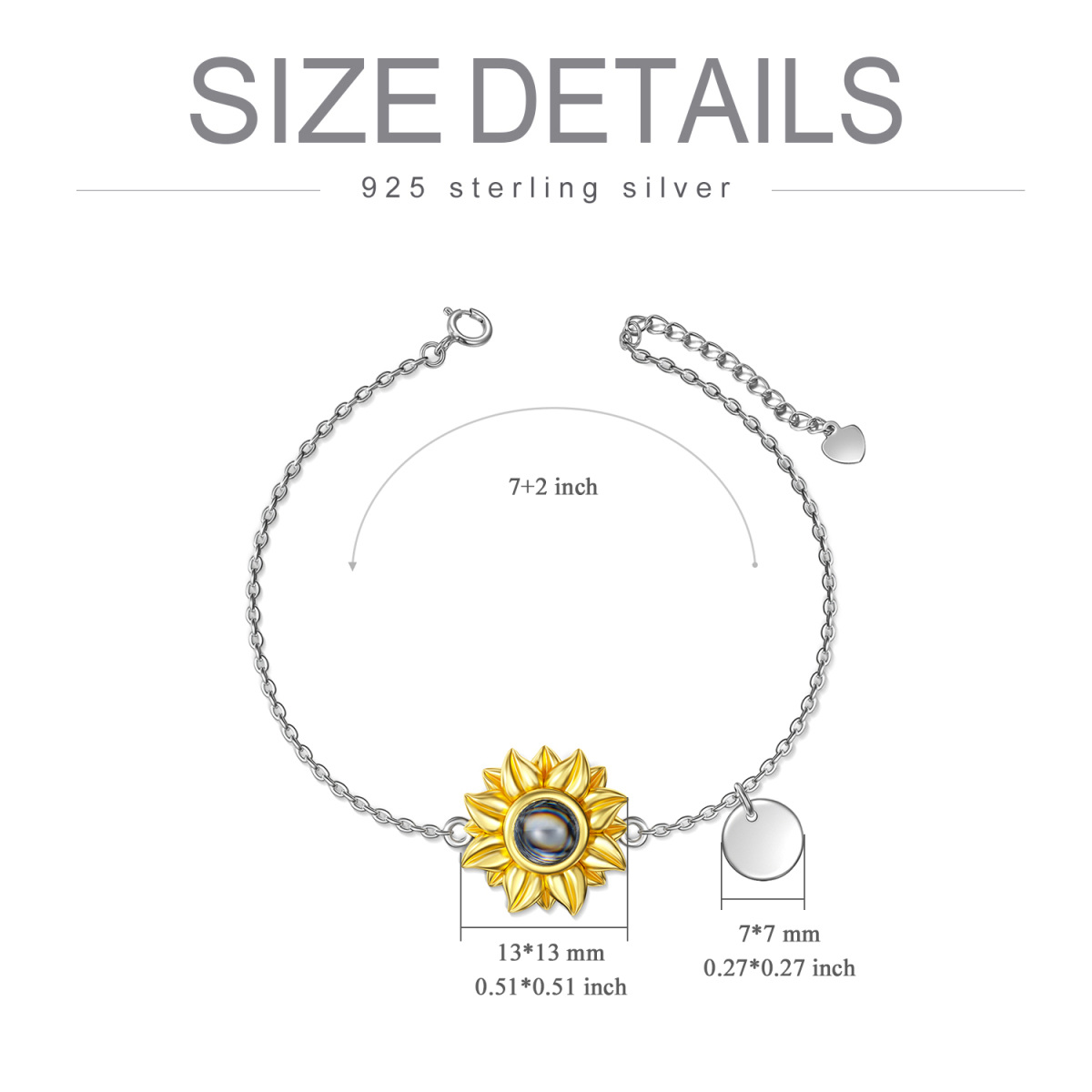 Sterling Silver Two-tone Circular Shaped Projection Stone Sunflower Pendant Bracelet with Engraved Word-3