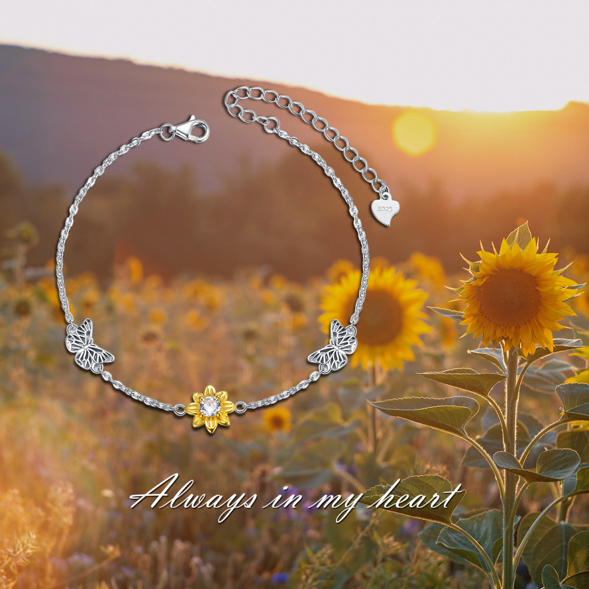 Sterling Silver Two-tone Circular Shaped Cubic Zirconia Butterfly & Sunflower Pendant Bracelet-6