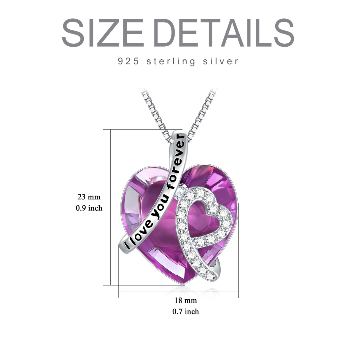 Sterling Silver Purple Heart Crystal Engraved Box Chain Necklace for Women-3