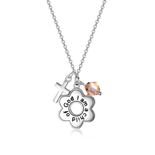 Sterling Silver Crystal Daisy & Cross Pendant Necklace with Engraved Word