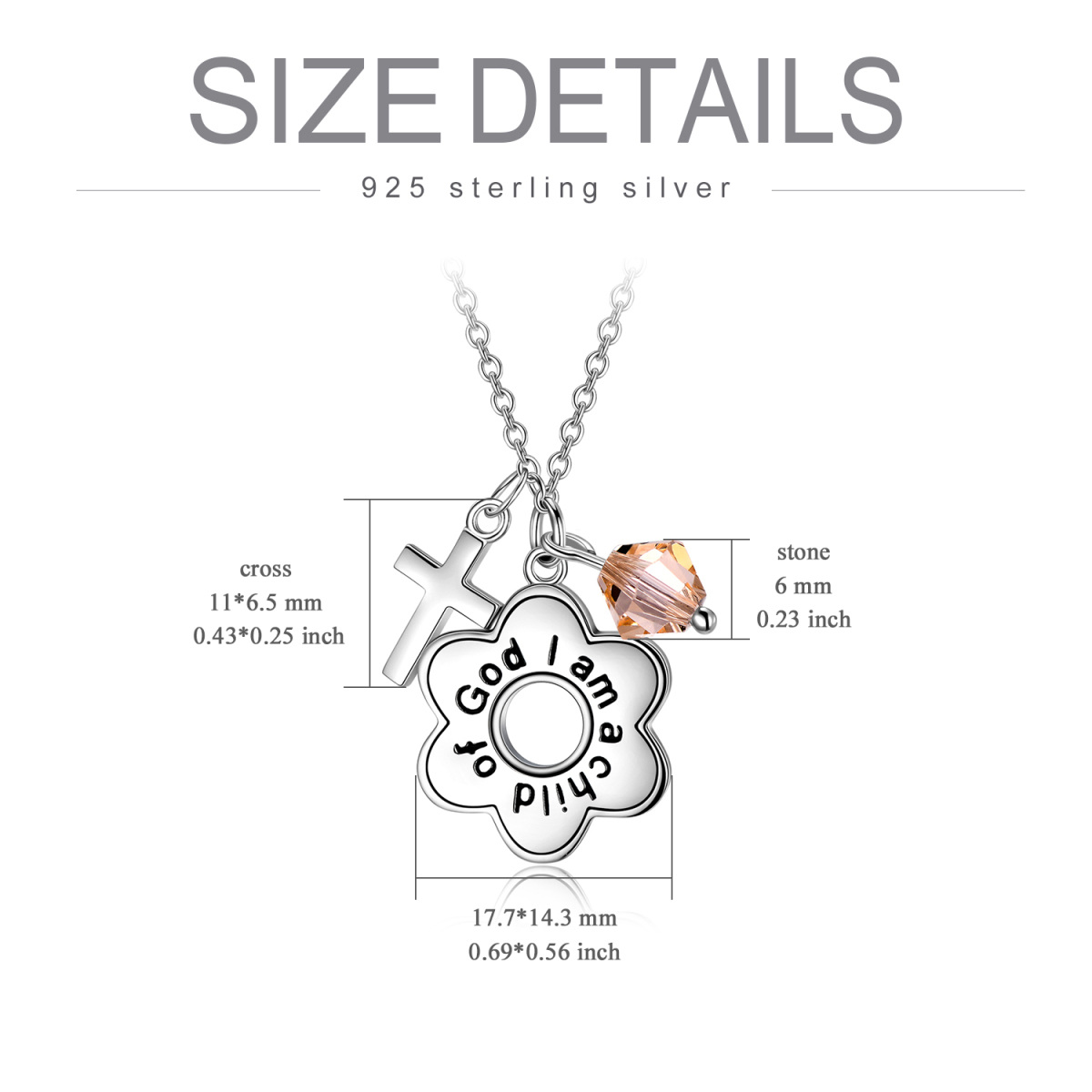 Sterling Silber Kristall Gänseblümchen & Kreuz Anhänger Halskette mit eingraviertem Wort-6