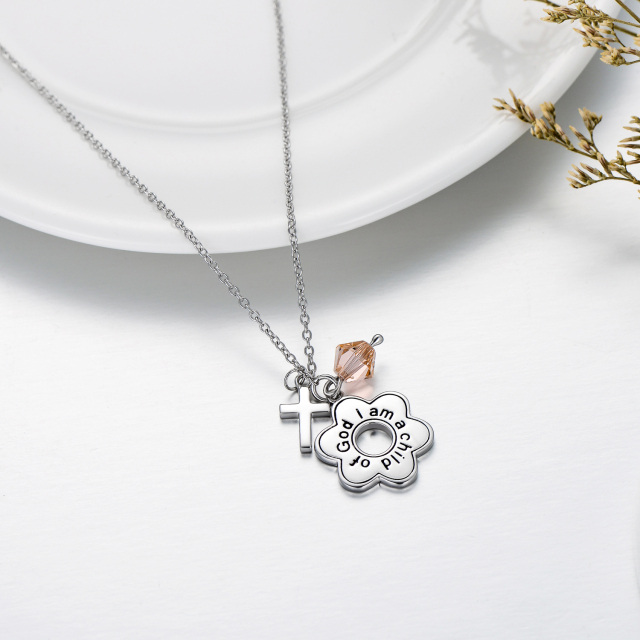 Sterling Silber Kristall Gänseblümchen & Kreuz Anhänger Halskette mit eingraviertem Wort-3