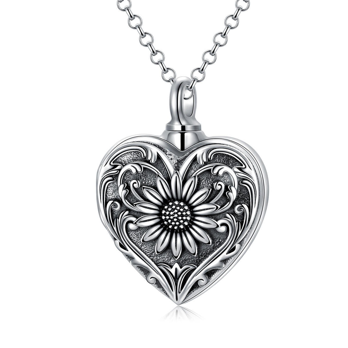 Sterling Silver Sunflower & Heart Urn Necklace for Ashes-1