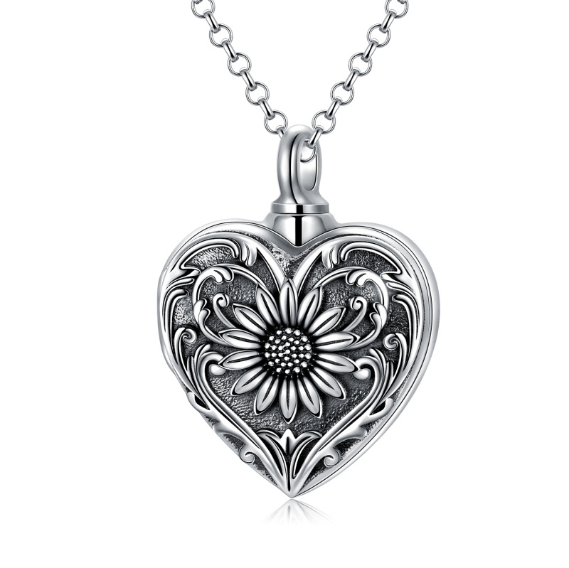 Sterling Silver Sunflower & Heart Urn Necklace for Ashes