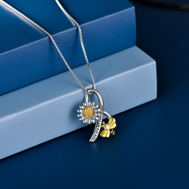 Sterling Silver Two-tone Circular Shaped Cubic Zirconia Bee & Sunflower Pendant Necklace-3