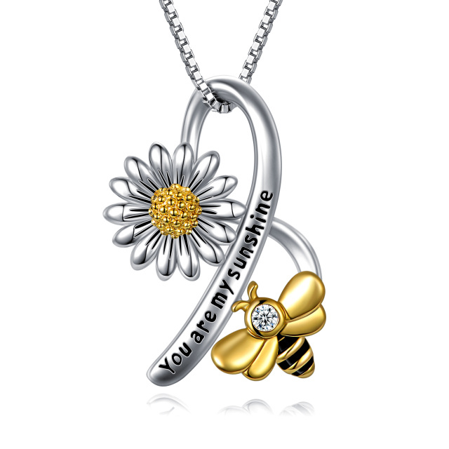Sterling Silver Two-tone Circular Shaped Cubic Zirconia Bee & Sunflower Pendant Necklace-1