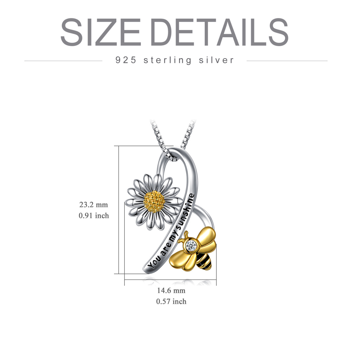 Sterling Silver Two-tone Circular Shaped Cubic Zirconia Bee & Sunflower Pendant Necklace-5