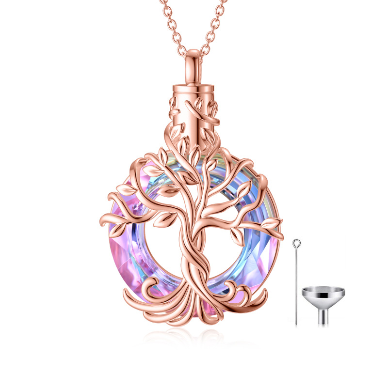 Sterling Silver with Rose Gold Plated Circular Shaped Crystal Tree Of Life Urn Necklace for Ashes