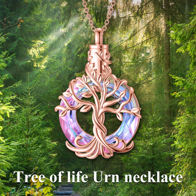 Sterling Silver with Rose Gold Plated Circular Shaped Crystal Tree Of Life Urn Necklace for Ashes-4