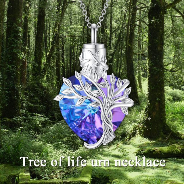 Sterling Silver Heart Shaped Tree Of Life Crystal Pendant Necklace-3