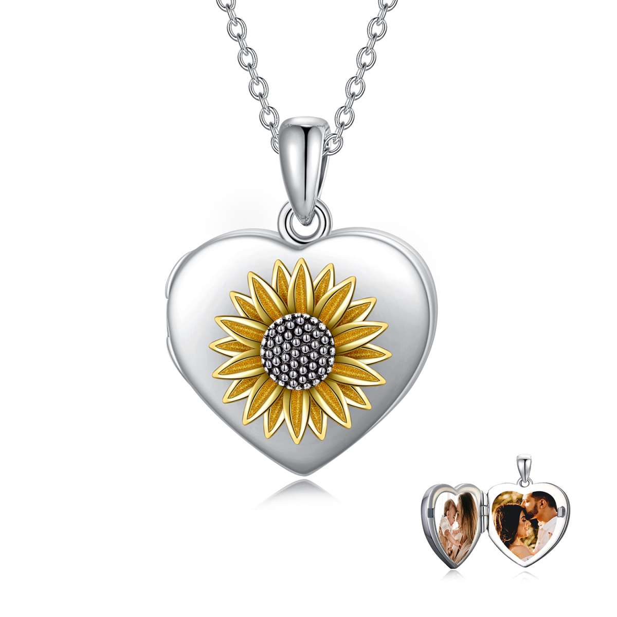 Sterling Silver Two-tone Daisy Personalized Photo Locket Necklace-1