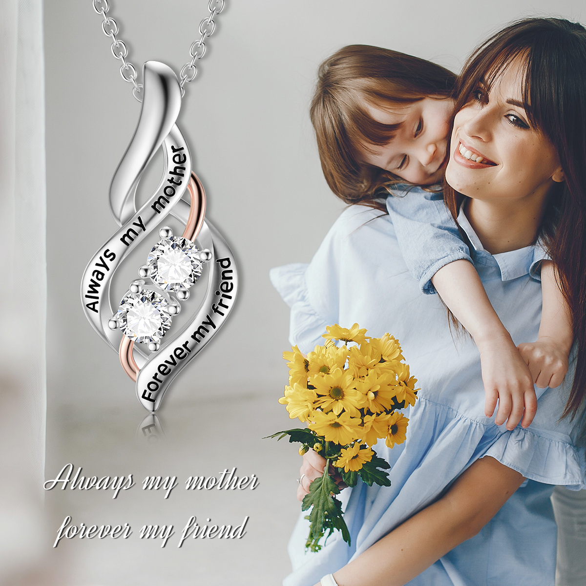 Sterling Silver Two-tone Circular Shaped Cubic Zirconia Mother Pendant Necklace with Engraved Word-6